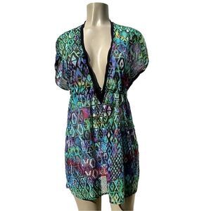 Profile Size Medium Purple Blue Abstract Print Semi-Sheer Boho Cover-Up Dress